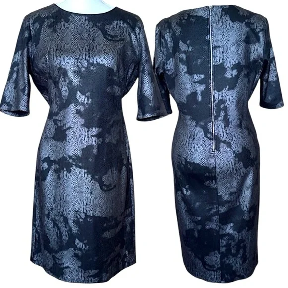 Catherine Malandrino Black Silver Reptile Sheath Dress Back Silver Zipper Sz M - Picture 10 of 10